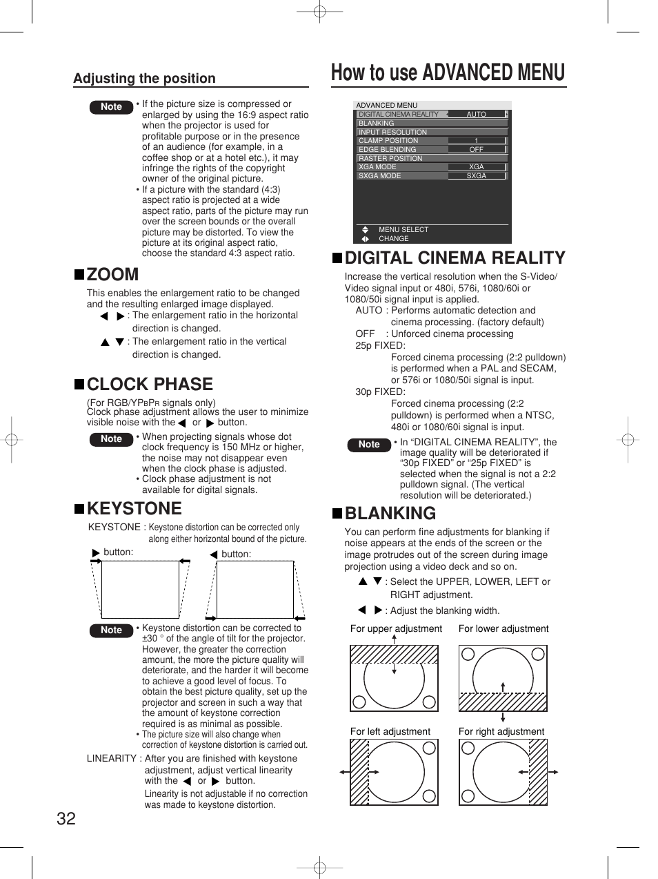 How to use advanced menu, Keystone, Zoom | Clock phase, Digital cinema reality, Blanking, Adjusting the position | Panasonic PT-D5700UL User Manual | Page 32 / 72