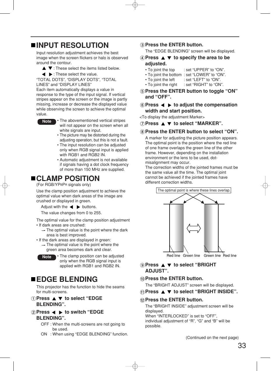 33 input resolution, Clamp position, Edge blending | Panasonic PT-D5700UL User Manual | Page 33 / 72