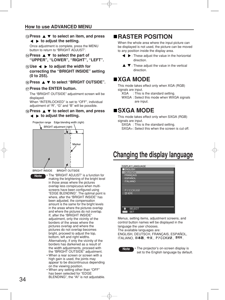 Changing the display language, Raster position, Xga mode | Sxga mode, How to use advanced menu | Panasonic PT-D5700UL User Manual | Page 34 / 72