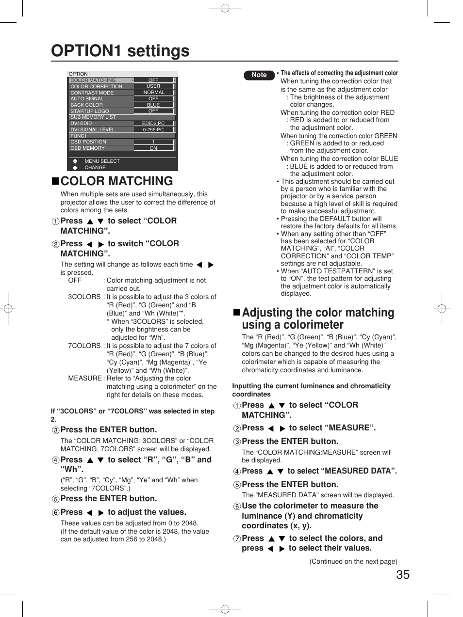 Option1 settings, Color matching, Adjusting the color matching using a colorimeter | Panasonic PT-D5700UL User Manual | Page 35 / 72