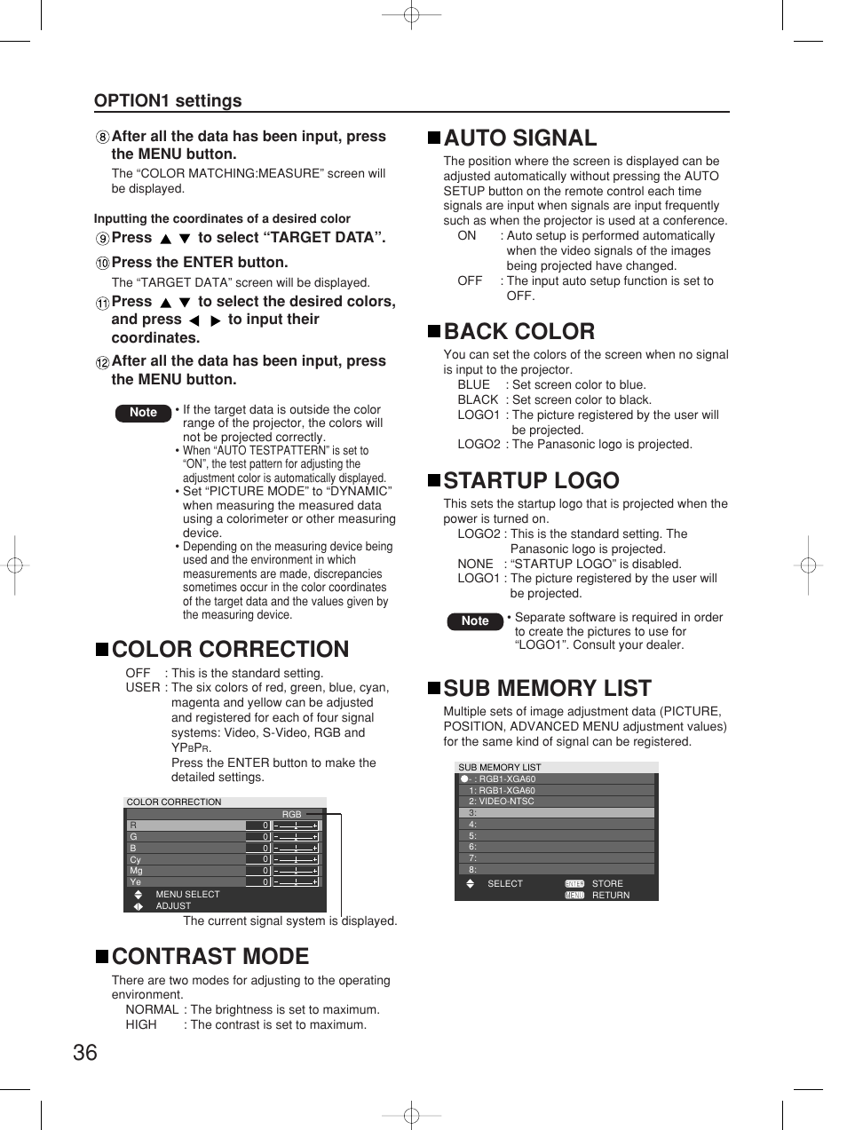 Color correction, Contrast mode, Auto signal | Back color, Startup logo, Option1 settings | Panasonic PT-D5700UL User Manual | Page 36 / 72