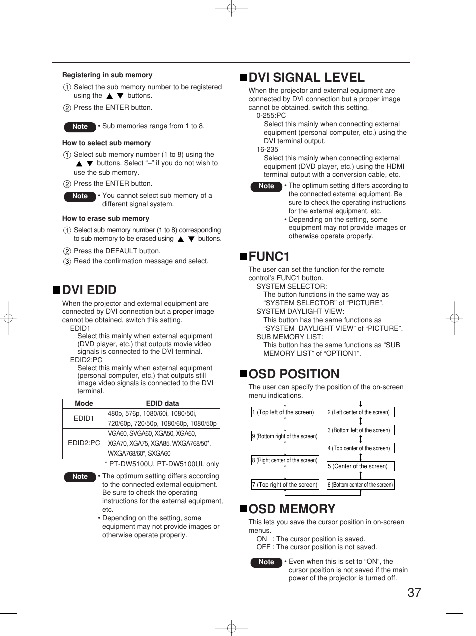 37 dvi edid, Dvi signal level, Func1 | Osd position | Panasonic PT-D5700UL User Manual | Page 37 / 72