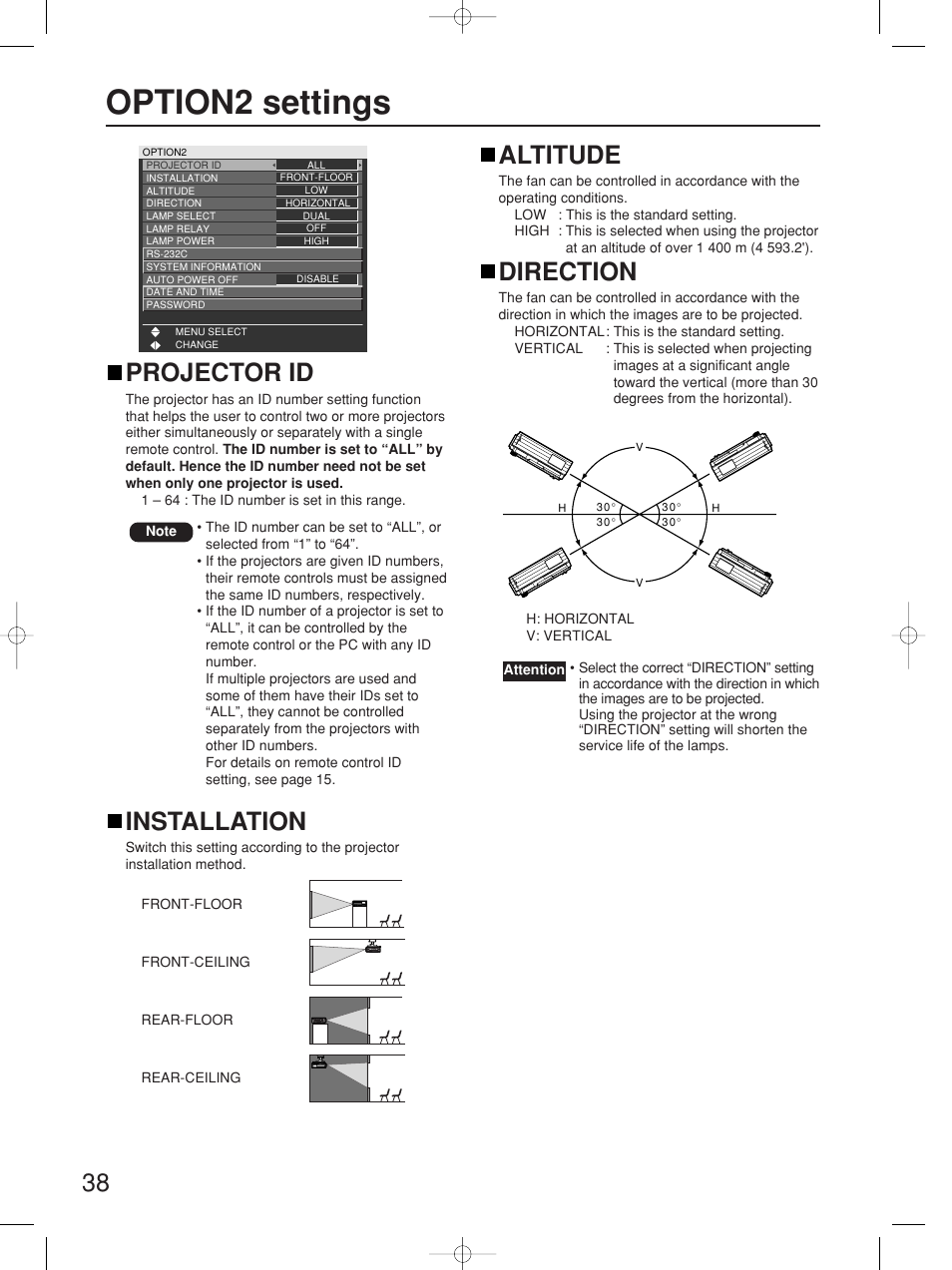 Option2 settings, Projector id, Installation | Altitude, Direction | Panasonic PT-D5700UL User Manual | Page 38 / 72