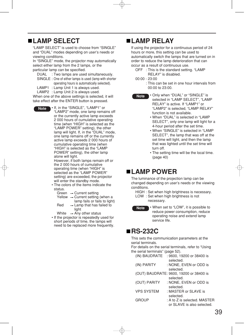 39 lamp select, Lamp relay, Lamp power | Rs-232c | Panasonic PT-D5700UL User Manual | Page 39 / 72