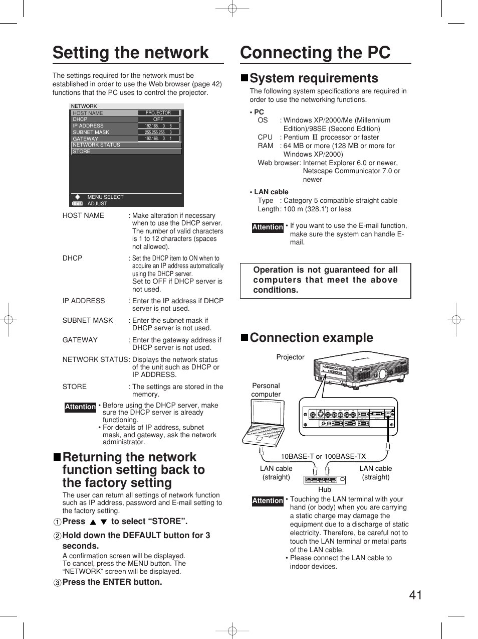 Setting the network connecting the pc, System requirements, Connection example | Press the enter button | Panasonic PT-D5700UL User Manual | Page 41 / 72