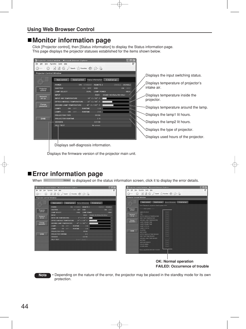 Error information page, Monitor information page | Panasonic PT-D5700UL User Manual | Page 44 / 72