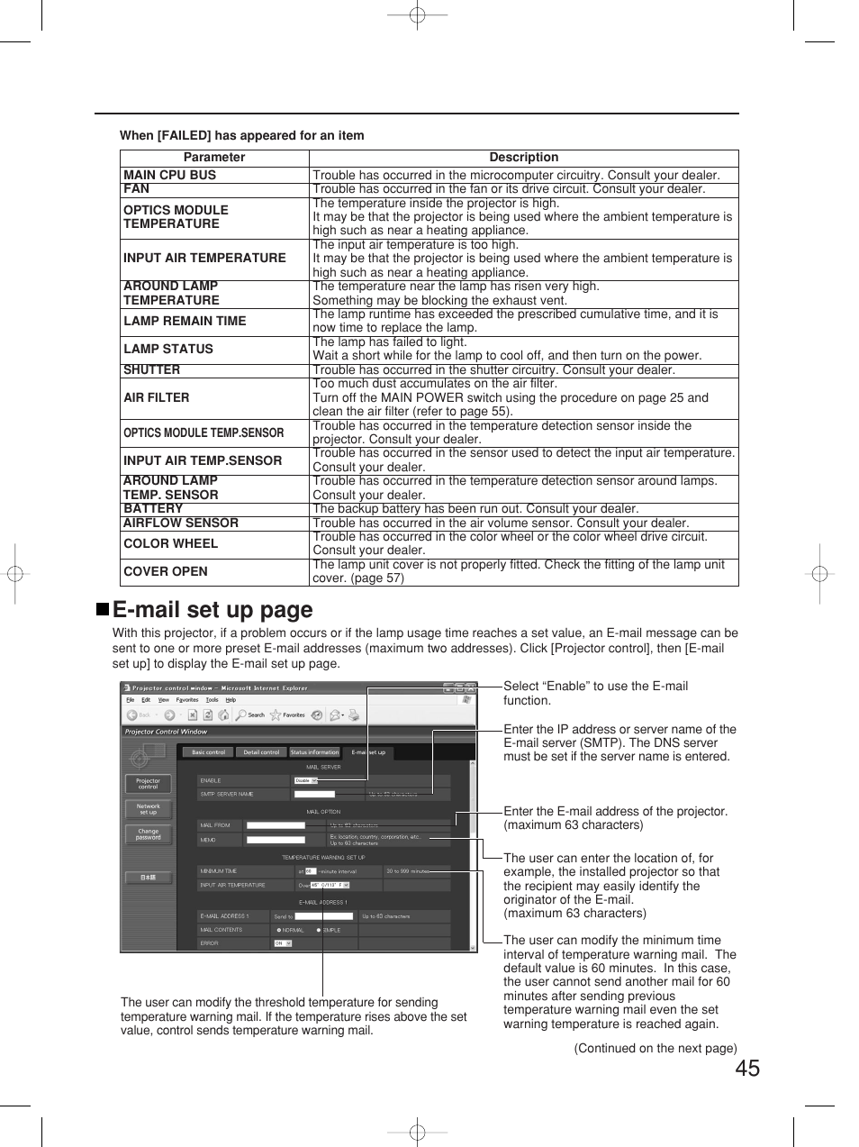 E-mail set up page | Panasonic PT-D5700UL User Manual | Page 45 / 72