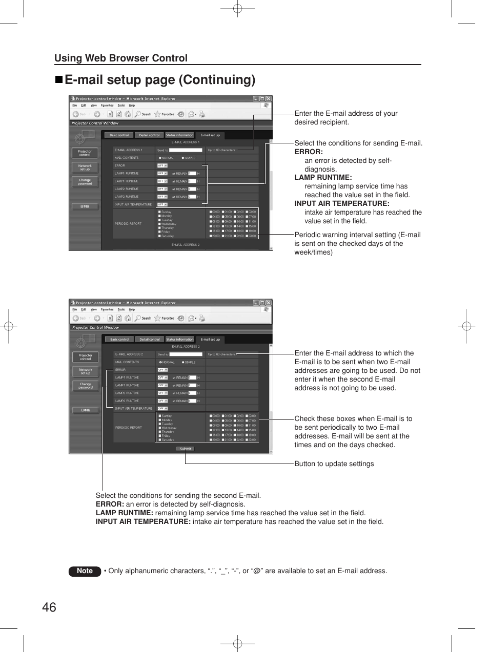 E-mail setup page (continuing) | Panasonic PT-D5700UL User Manual | Page 46 / 72