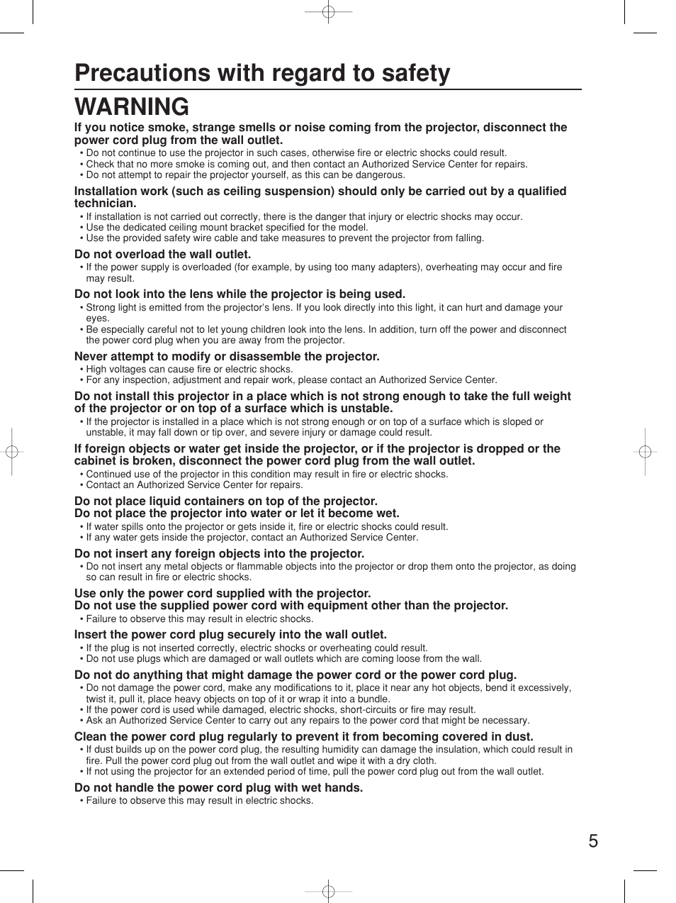 Precautions with regard to safety warning | Panasonic PT-D5700UL User Manual | Page 5 / 72