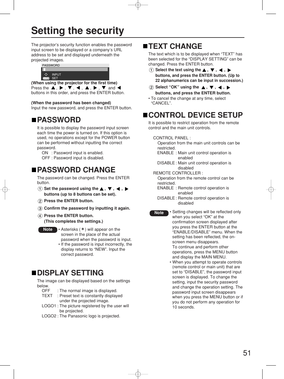 Setting the security, Password, Password change | Display setting, Text change, Control device setup | Panasonic PT-D5700UL User Manual | Page 51 / 72