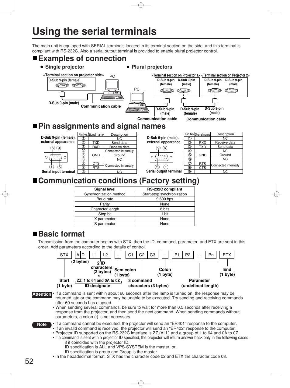 Using the serial terminals, Examples of connection | Panasonic PT-D5700UL User Manual | Page 52 / 72