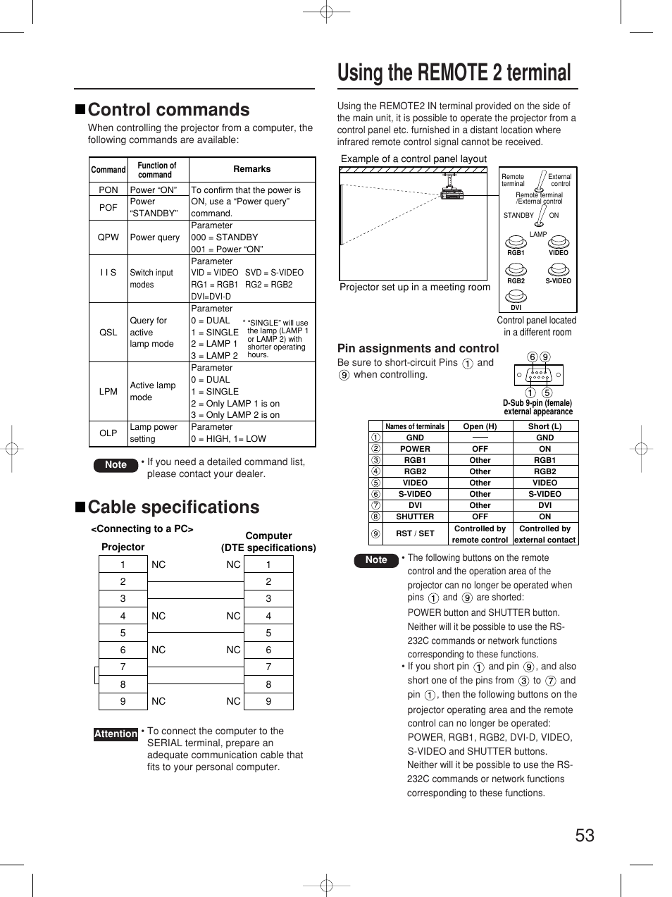 Using the remote 2 terminal, Cable specifications control commands | Panasonic PT-D5700UL User Manual | Page 53 / 72