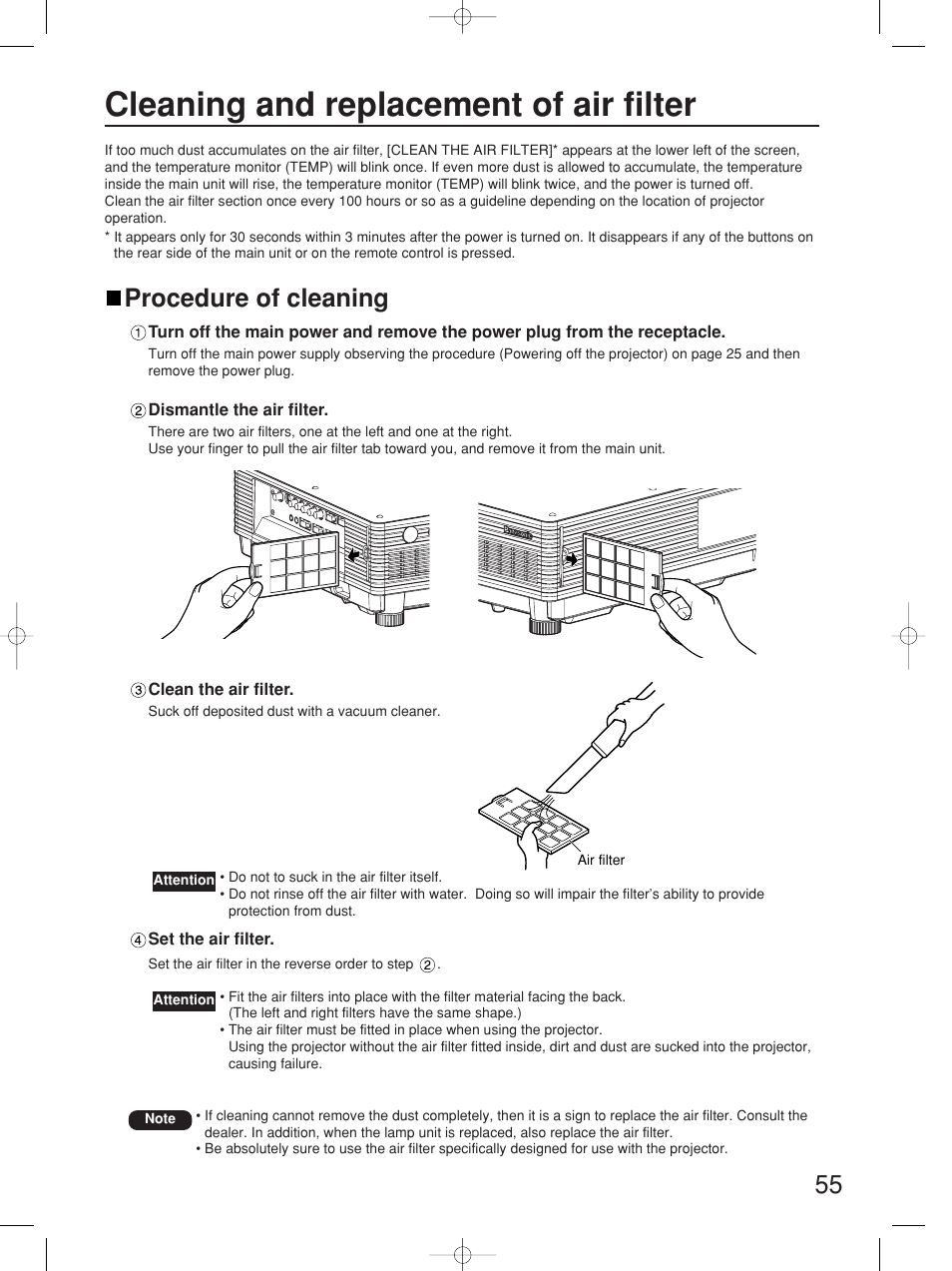 Cleaning and replacement of air filter, Procedure of cleaning | Panasonic PT-D5700UL User Manual | Page 55 / 72