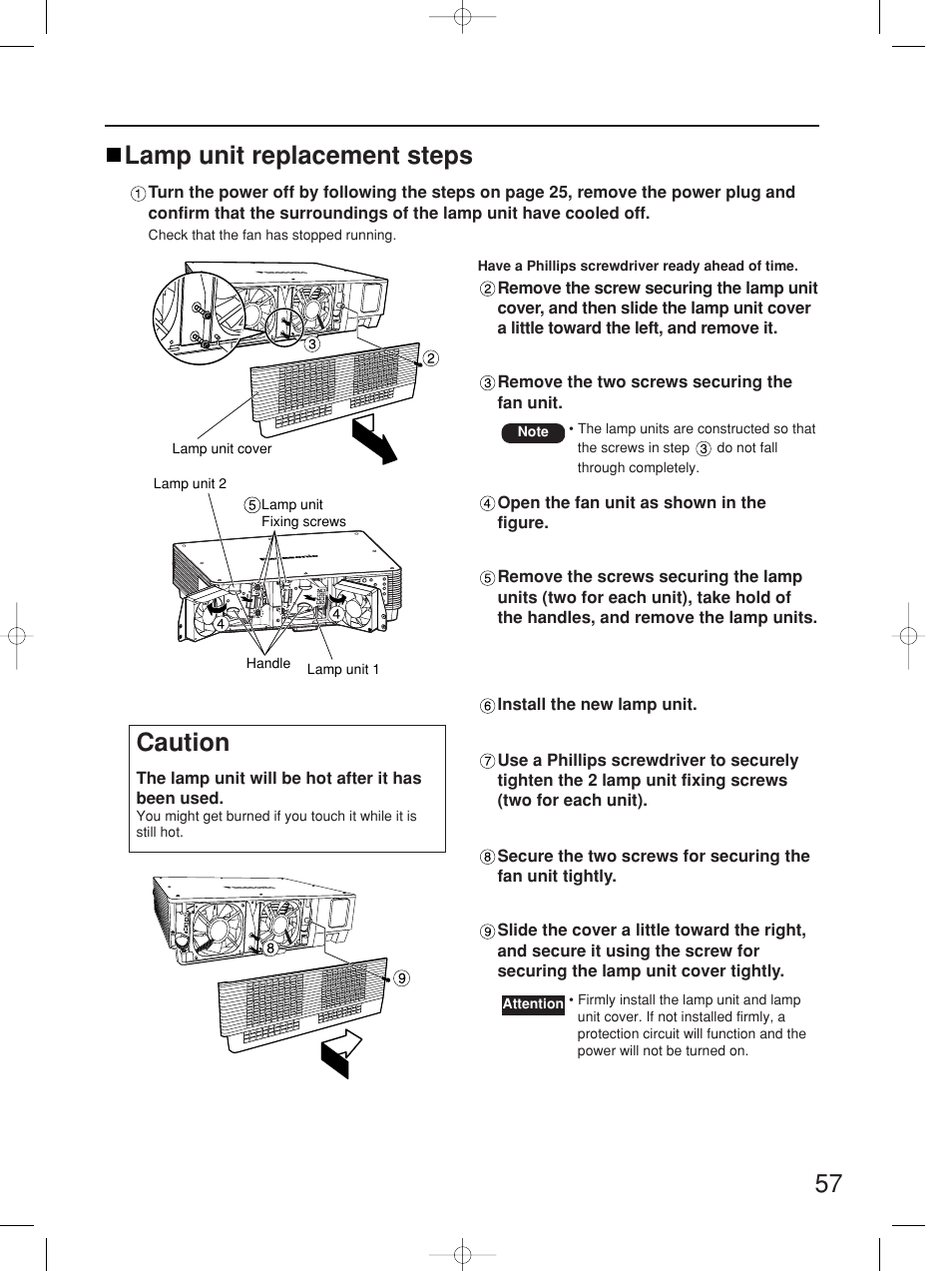 57 lamp unit replacement steps, Caution | Panasonic PT-D5700UL User Manual | Page 57 / 72