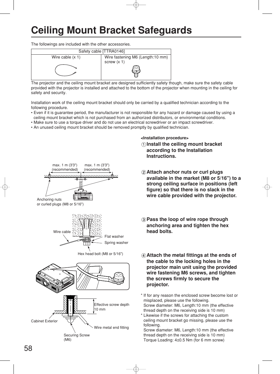 Ceiling mount bracket safeguards | Panasonic PT-D5700UL User Manual | Page 58 / 72