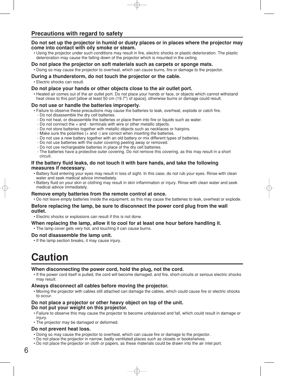 Caution, Precautions with regard to safety | Panasonic PT-D5700UL User Manual | Page 6 / 72