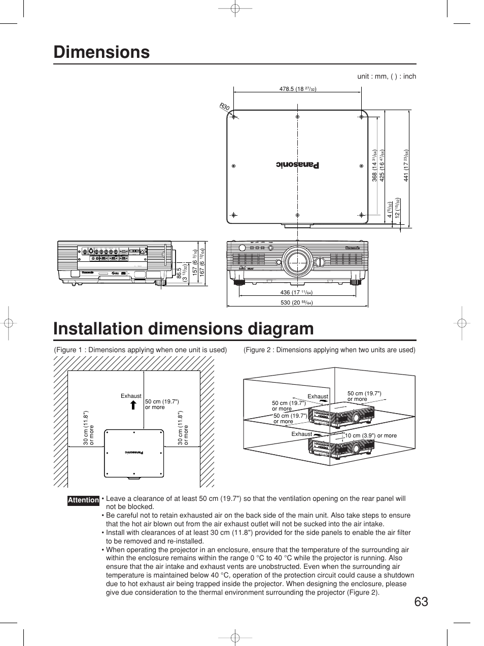 Dimensions, Installation dimensions diagram, Pc< tbmu448 | Unit : mm, ( ) : inch | Panasonic PT-D5700UL User Manual | Page 63 / 72