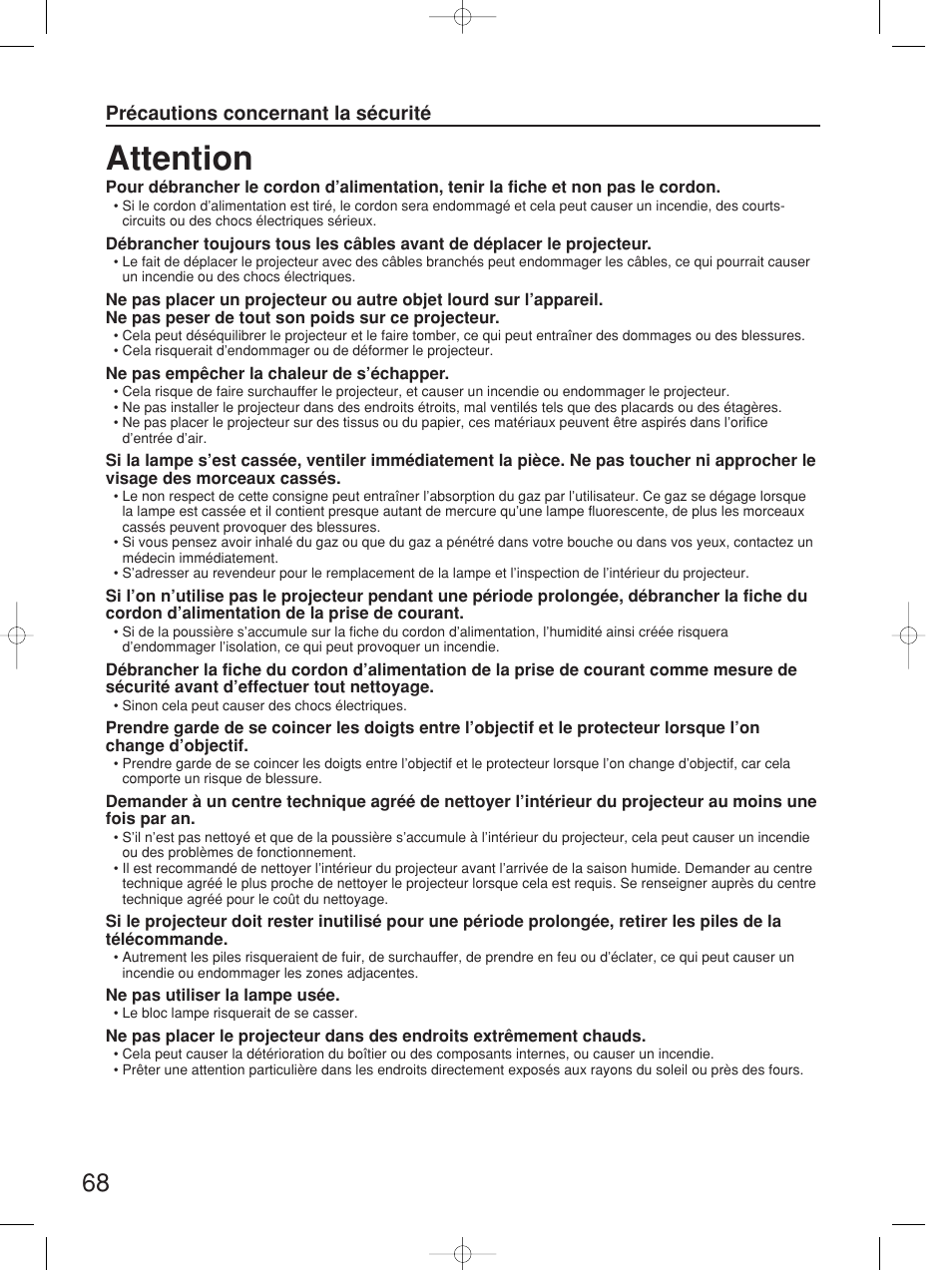 Attention, Précautions concernant la sécurité | Panasonic PT-D5700UL User Manual | Page 68 / 72