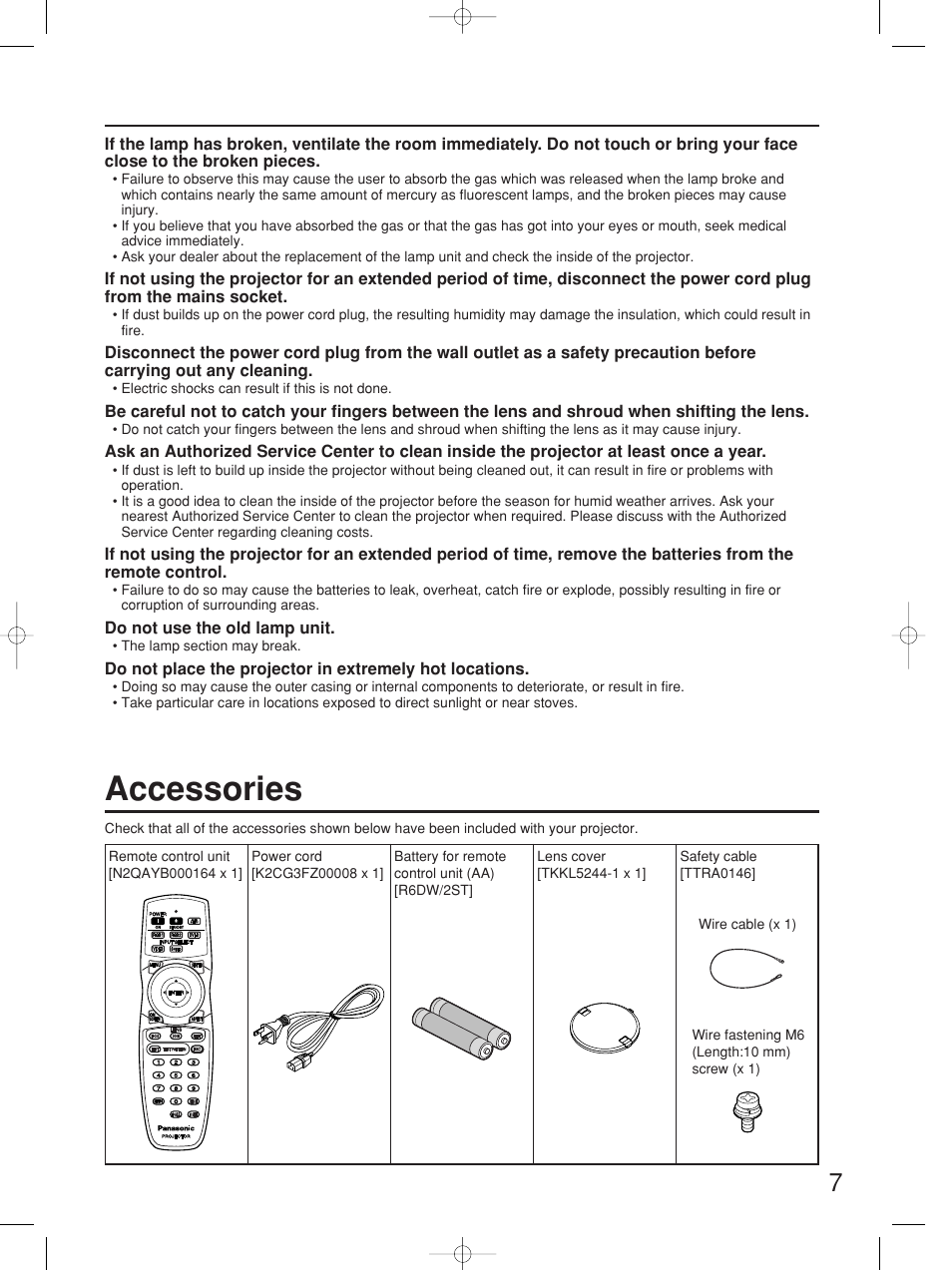 Accessories | Panasonic PT-D5700UL User Manual | Page 7 / 72