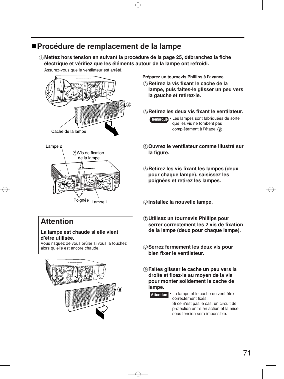 71 procédure de remplacement de la lampe, Attention | Panasonic PT-D5700UL User Manual | Page 71 / 72