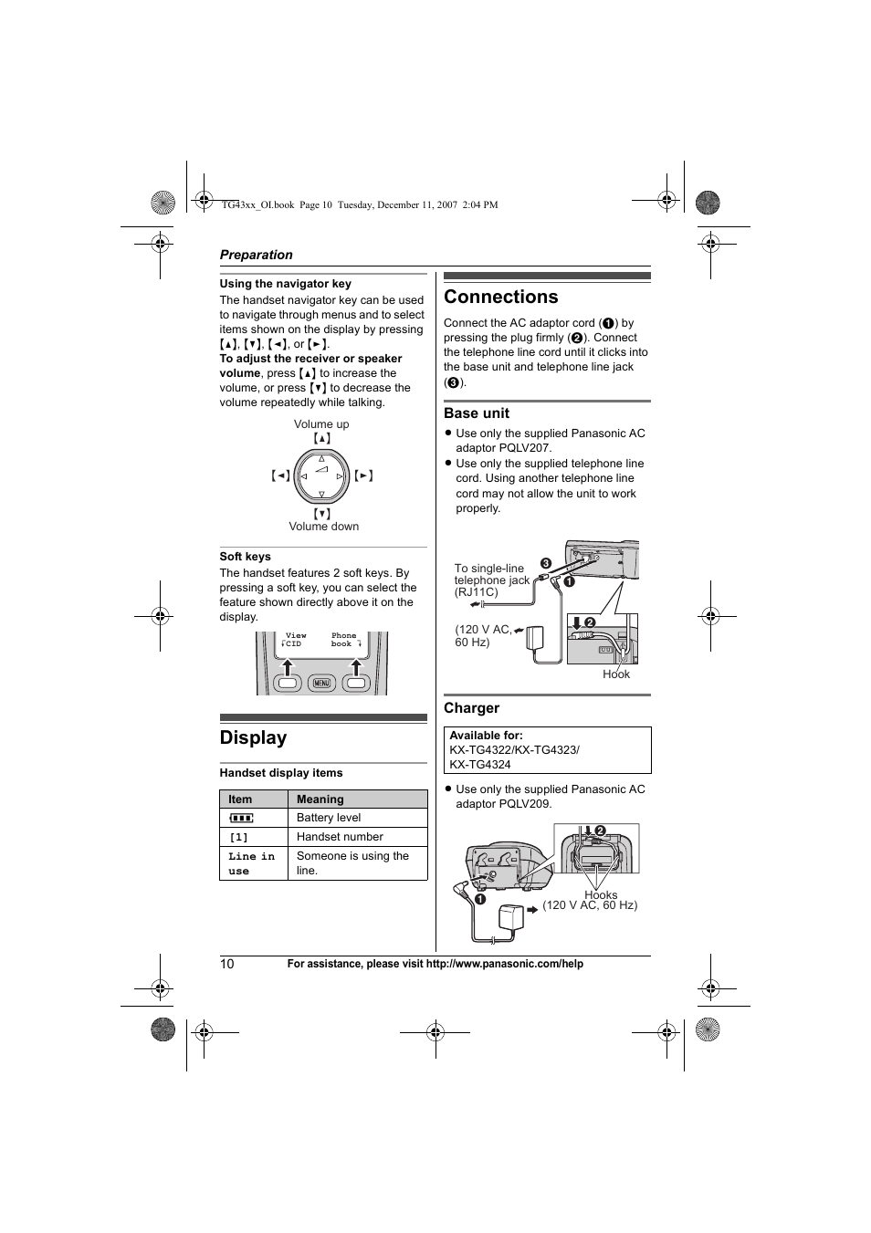 Display, Connections, Display connections | Panasonic KXTG4321 User Manual | Page 10 / 56