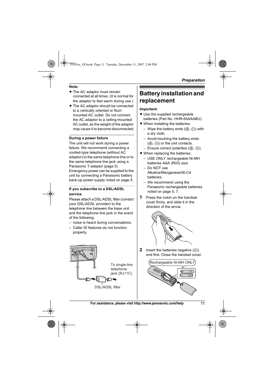 Battery installation and replacement, Battery installation and replacement . 11 | Panasonic KXTG4321 User Manual | Page 11 / 56