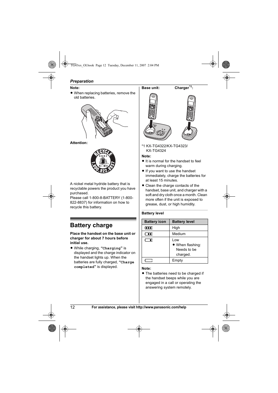 Battery charge | Panasonic KXTG4321 User Manual | Page 12 / 56