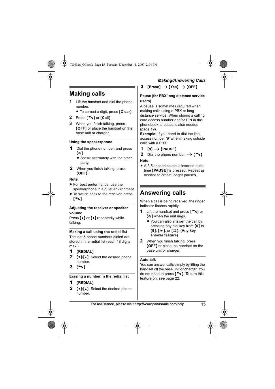 Making/answering calls, Making calls, Answering calls | Making calls answering calls | Panasonic KXTG4321 User Manual | Page 15 / 56