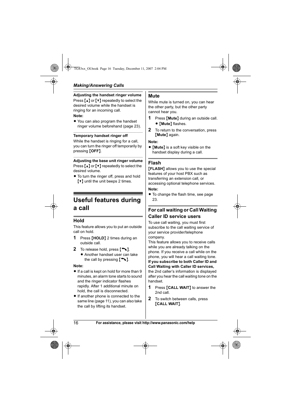 Useful features during a call | Panasonic KXTG4321 User Manual | Page 16 / 56