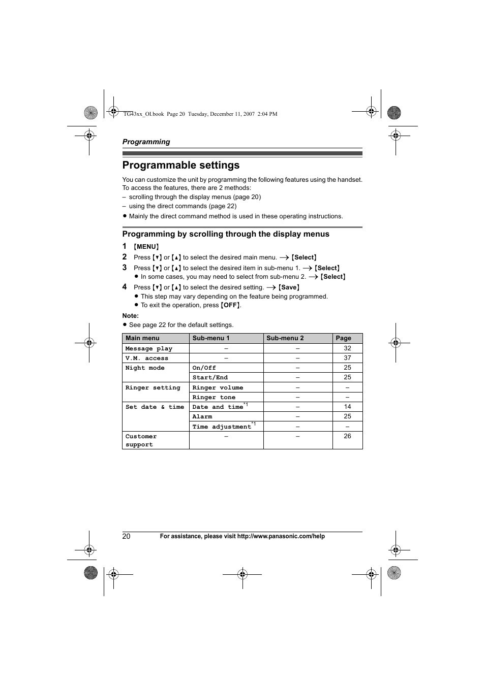 Programming, Programmable settings | Panasonic KXTG4321 User Manual | Page 20 / 56