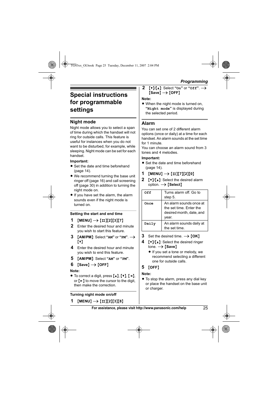 Special instructions for programmable settings | Panasonic KXTG4321 User Manual | Page 25 / 56