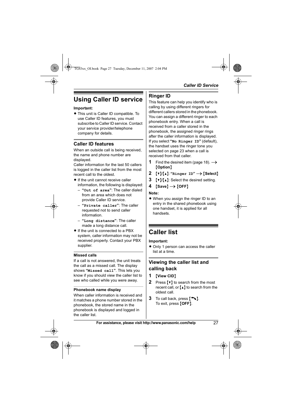 Caller id service, Using caller id service, Caller list | Using caller id service caller list | Panasonic KXTG4321 User Manual | Page 27 / 56