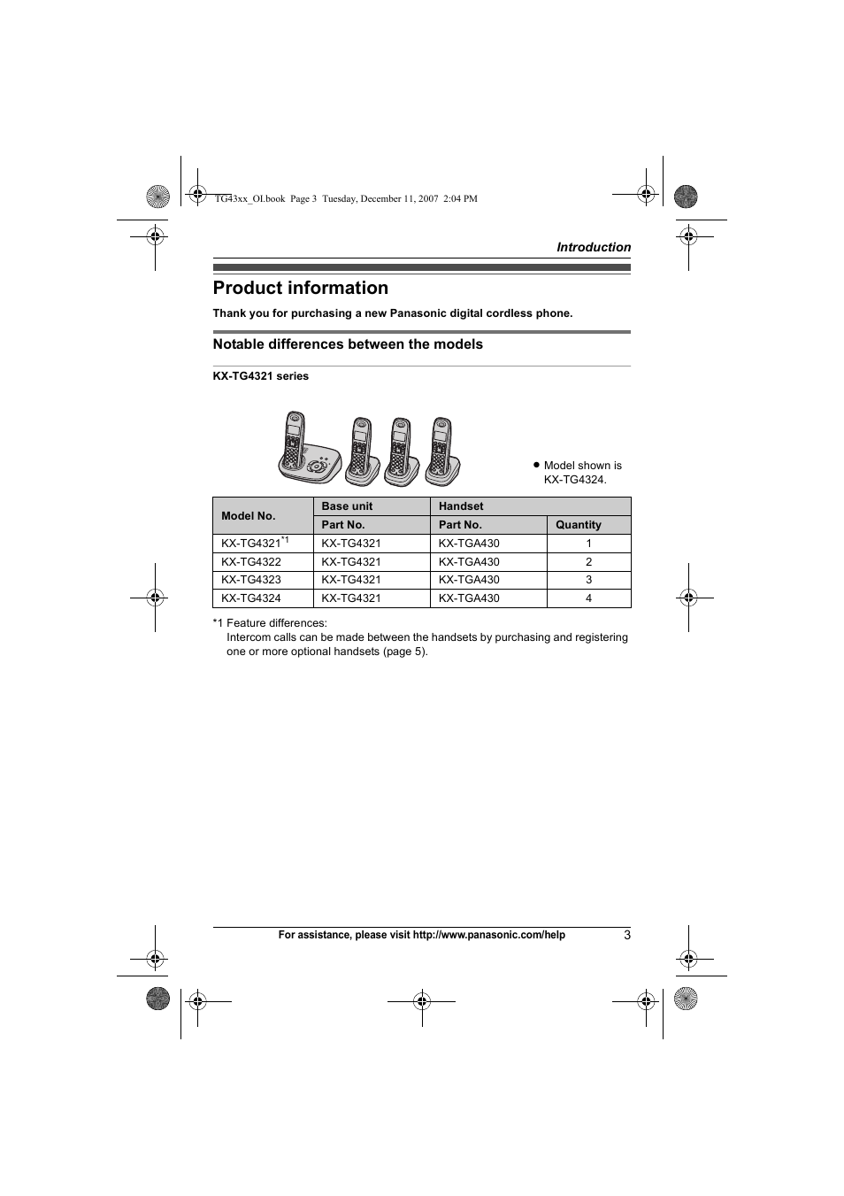 Introduction, Product information | Panasonic KXTG4321 User Manual | Page 3 / 56