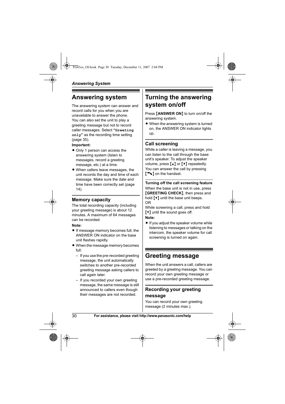 Answering system, Turning the answering system on/off, Greeting message | Panasonic KXTG4321 User Manual | Page 30 / 56