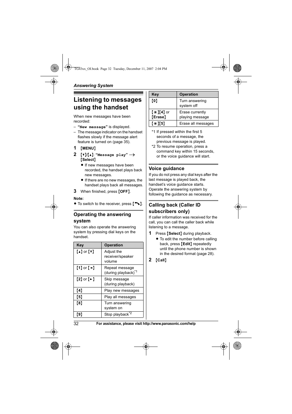 Listening to messages using the handset | Panasonic KXTG4321 User Manual | Page 32 / 56