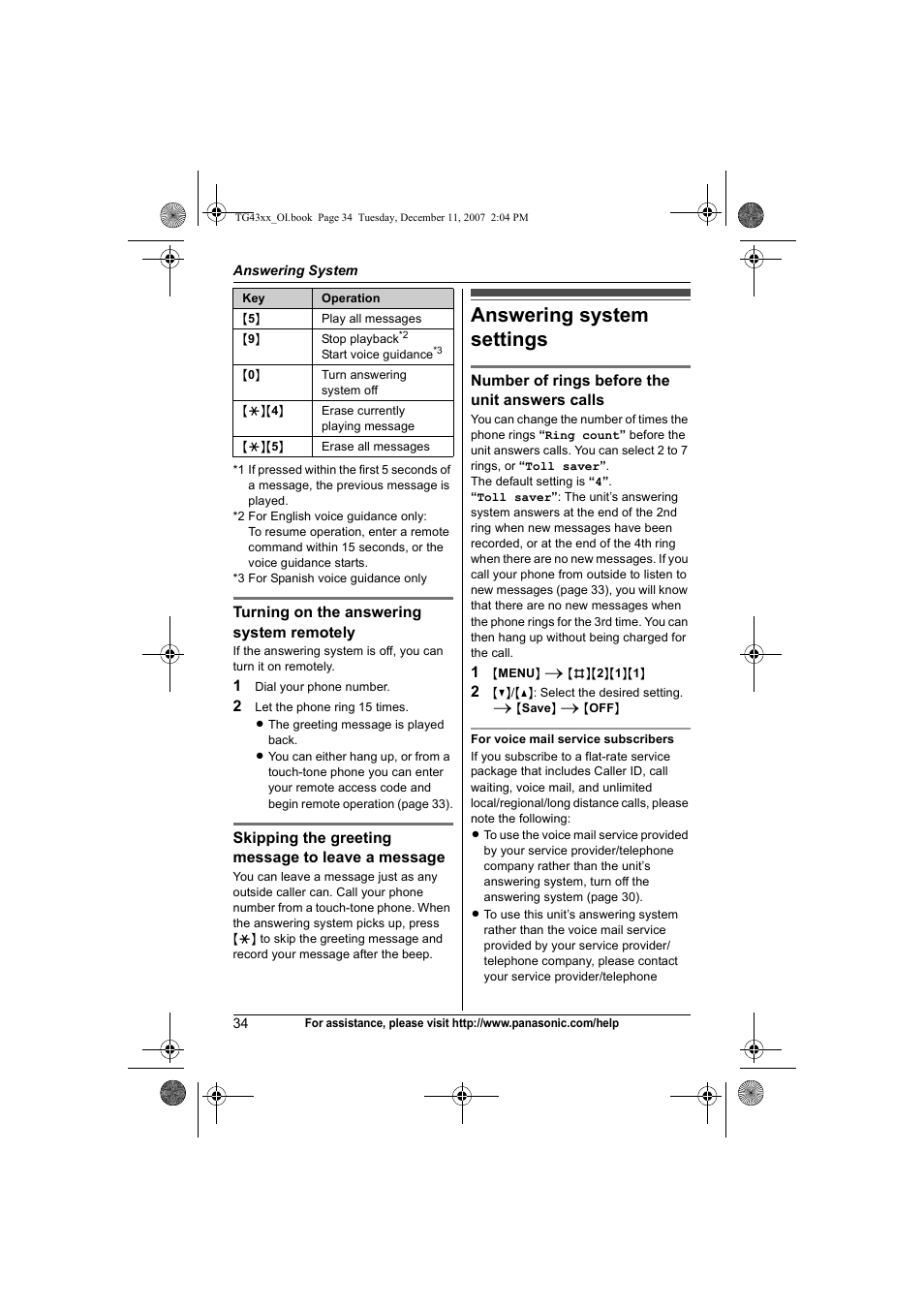 Answering system settings, Back) | Panasonic KXTG4321 User Manual | Page 34 / 56