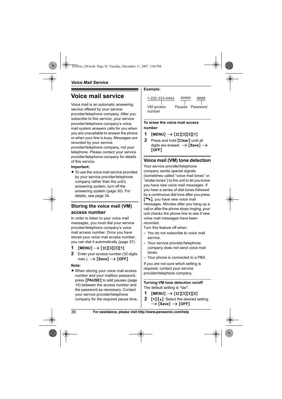 Voice mail service | Panasonic KXTG4321 User Manual | Page 36 / 56