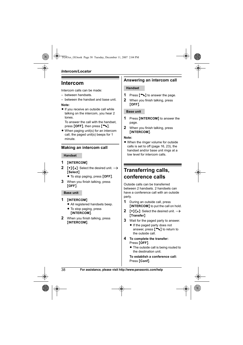 Intercom/locator, Intercom, Transferring calls, conference calls | Intercom transferring calls, conference calls . 38 | Panasonic KXTG4321 User Manual | Page 38 / 56