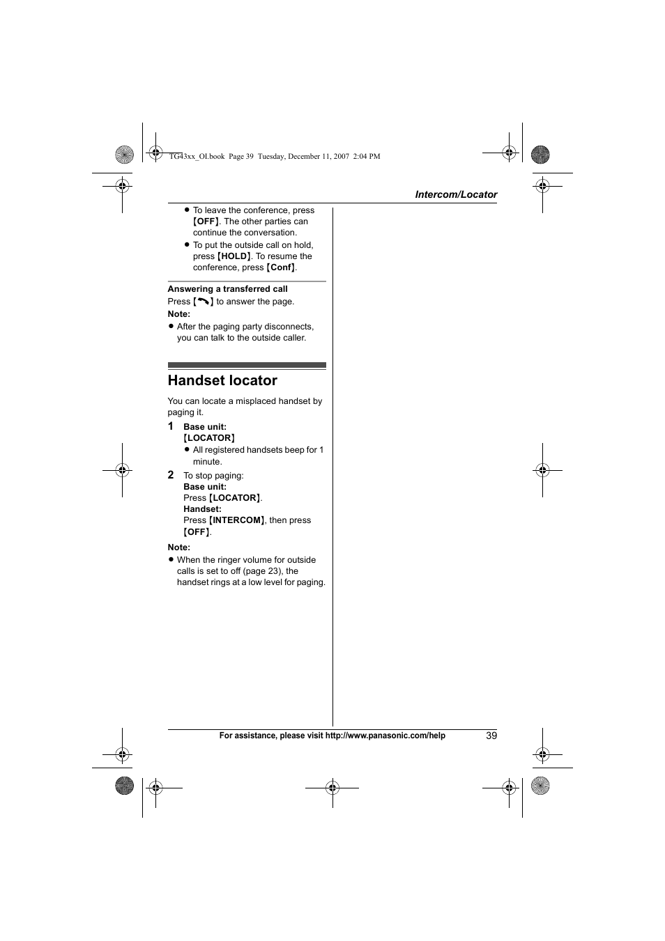 Handset locator | Panasonic KXTG4321 User Manual | Page 39 / 56