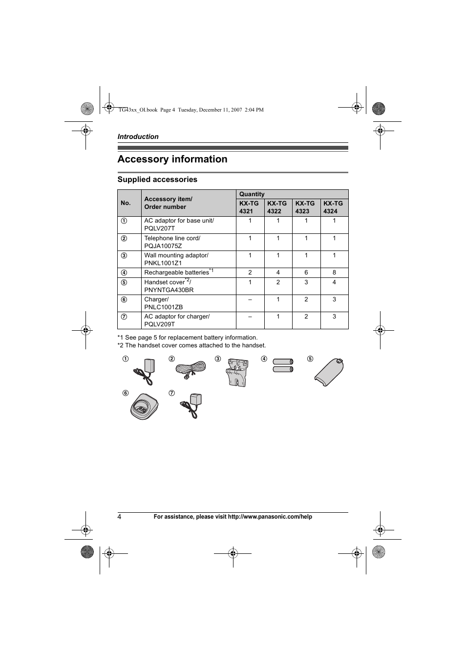 Accessory information | Panasonic KXTG4321 User Manual | Page 4 / 56