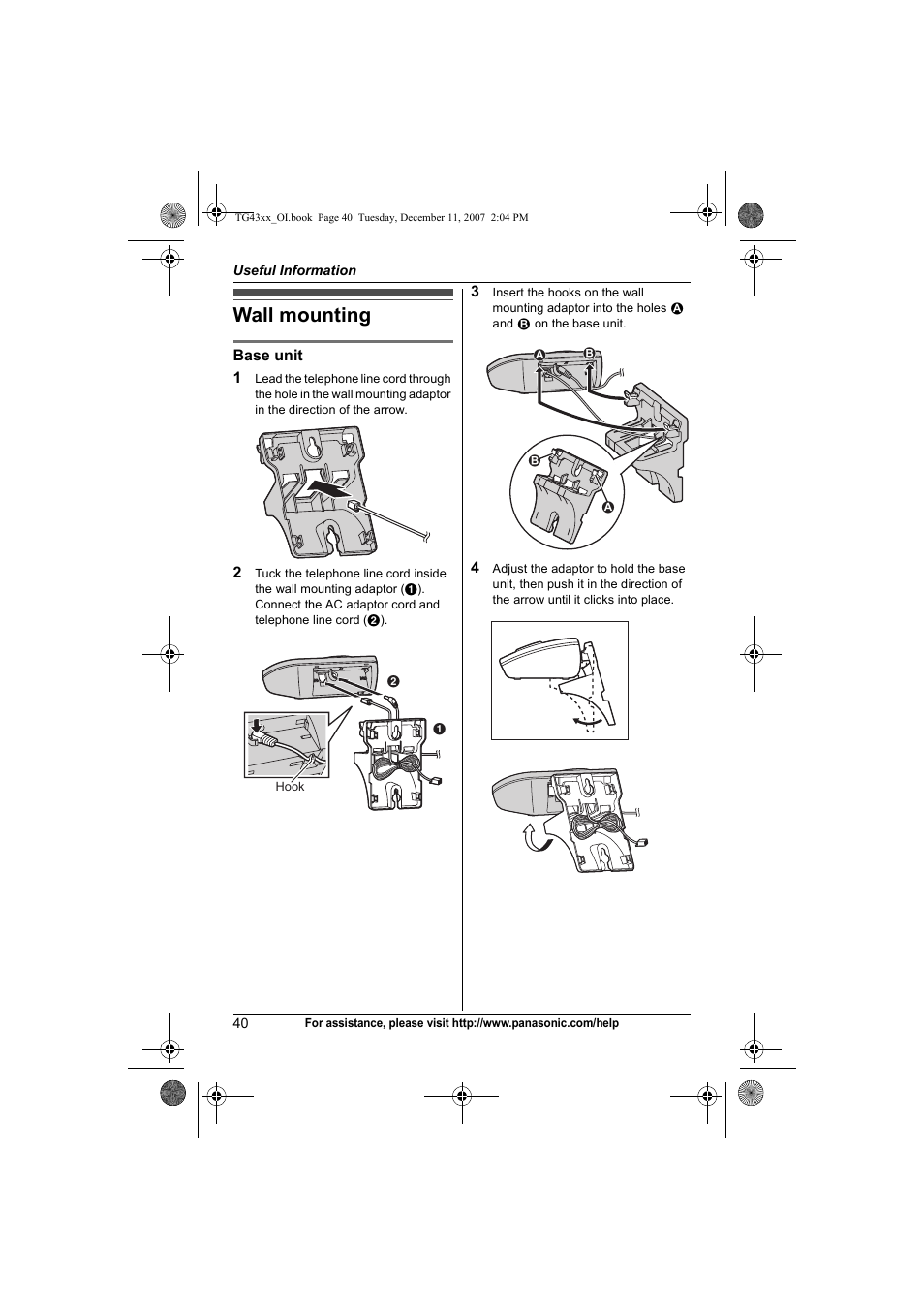 Useful information, Wall mounting | Panasonic KXTG4321 User Manual | Page 40 / 56