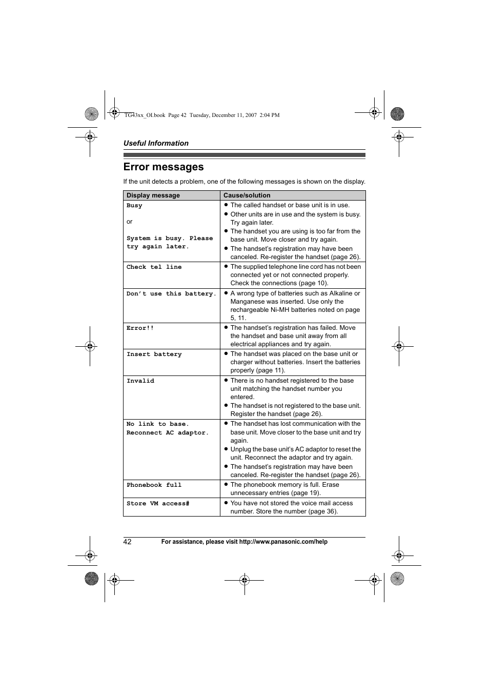 Error messages | Panasonic KXTG4321 User Manual | Page 42 / 56