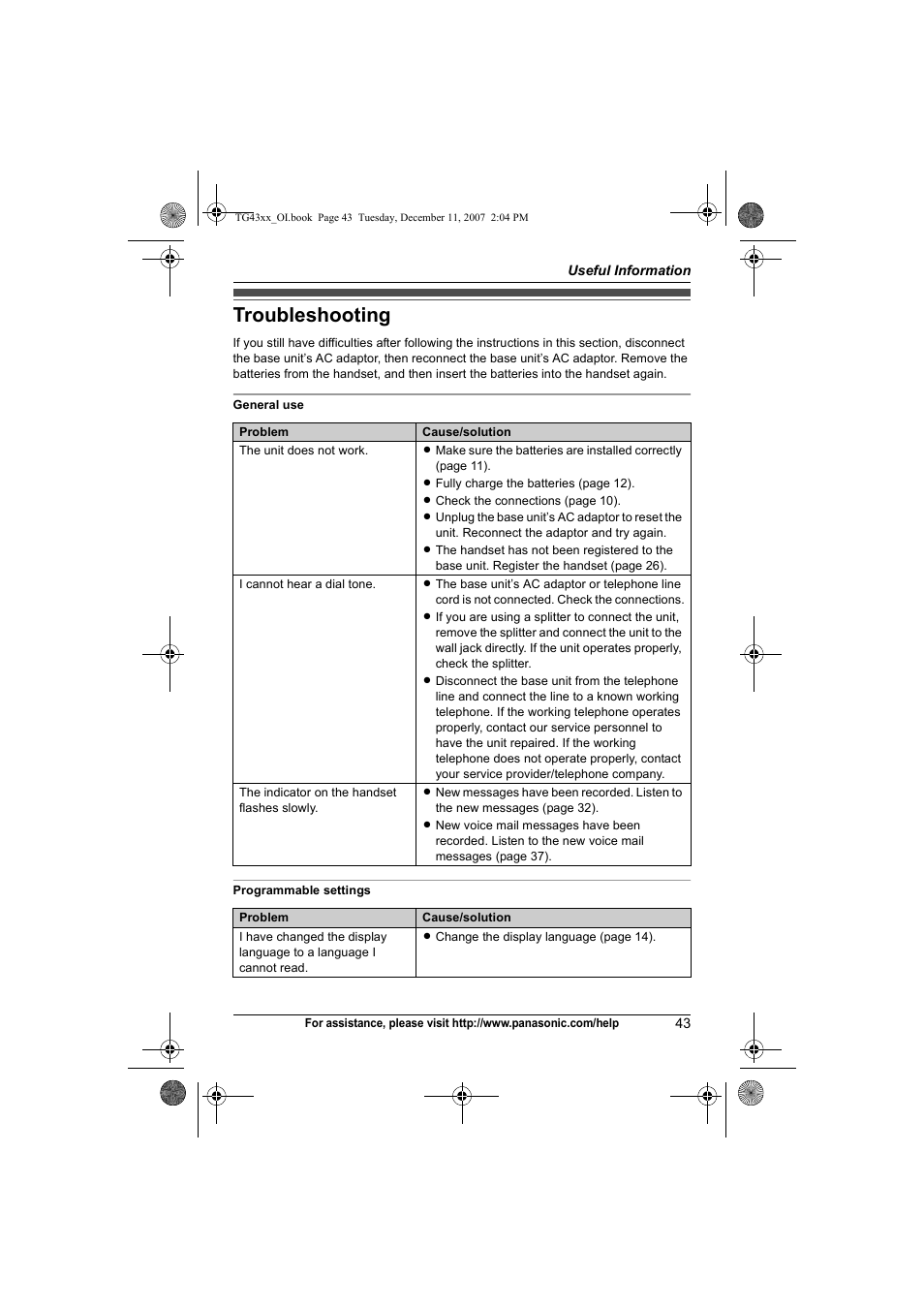 Troubleshooting | Panasonic KXTG4321 User Manual | Page 43 / 56