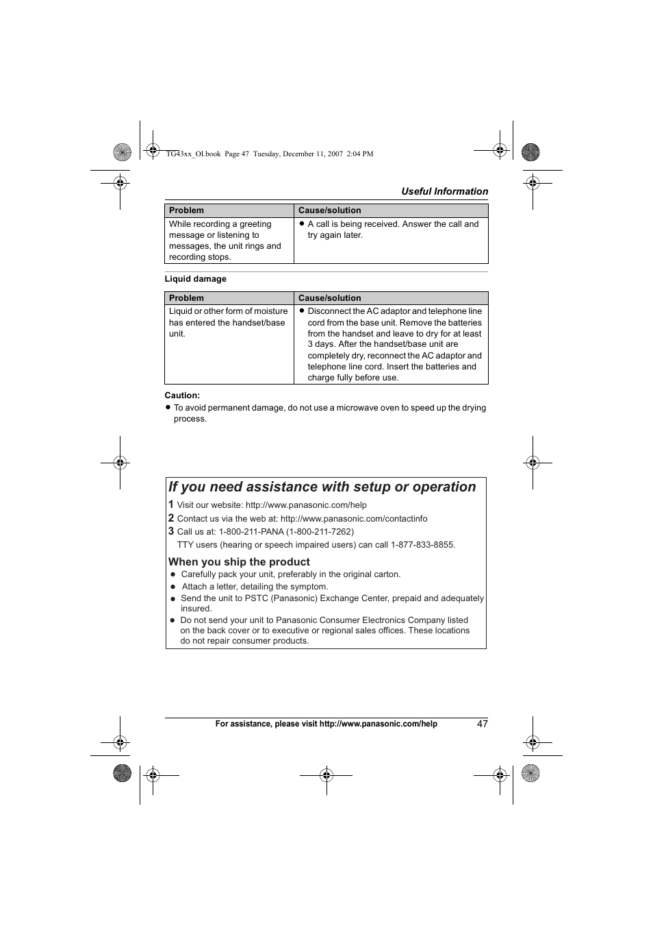 If you need assistance with setup or operation | Panasonic KXTG4321 User Manual | Page 47 / 56