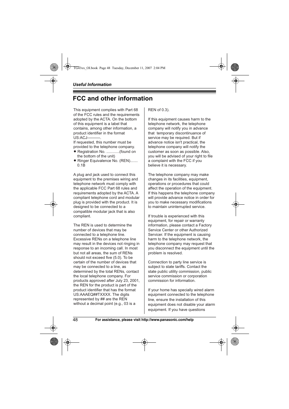 Fcc and other information | Panasonic KXTG4321 User Manual | Page 48 / 56