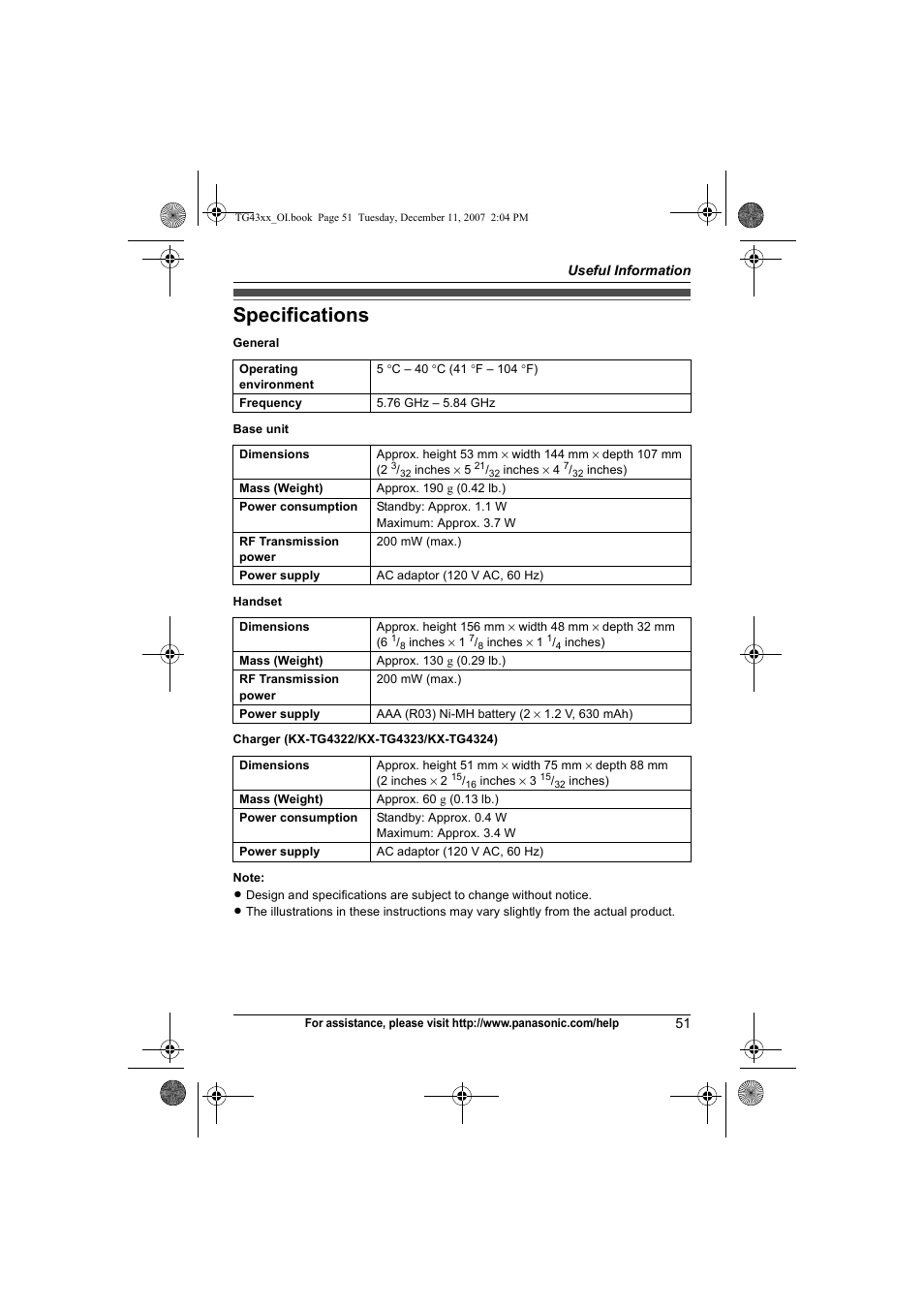 Specifications | Panasonic KXTG4321 User Manual | Page 51 / 56