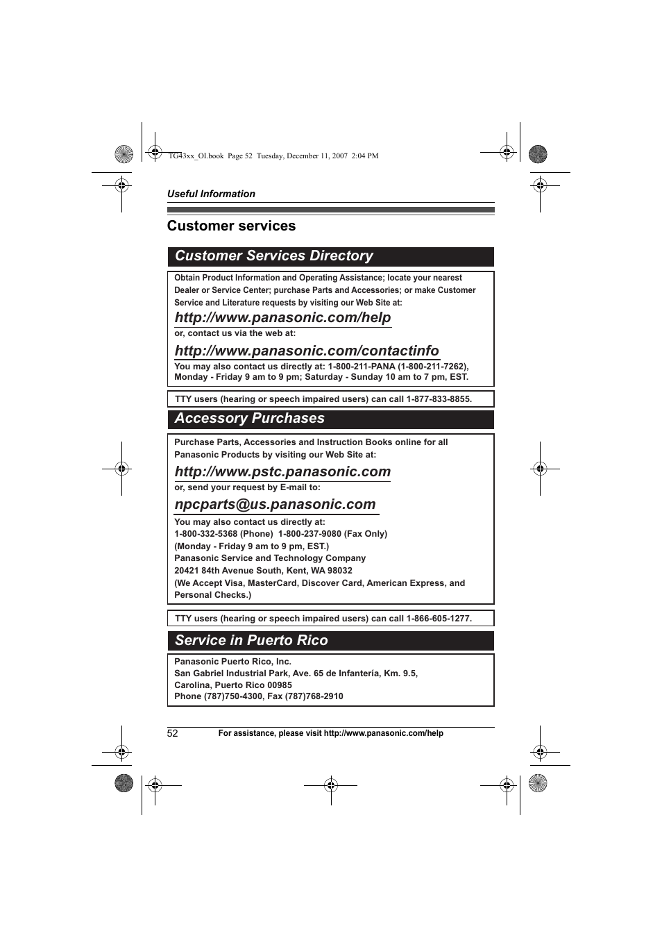 Customer services, Customer services customer services directory, Accessory purchases service in puerto rico | Panasonic KXTG4321 User Manual | Page 52 / 56