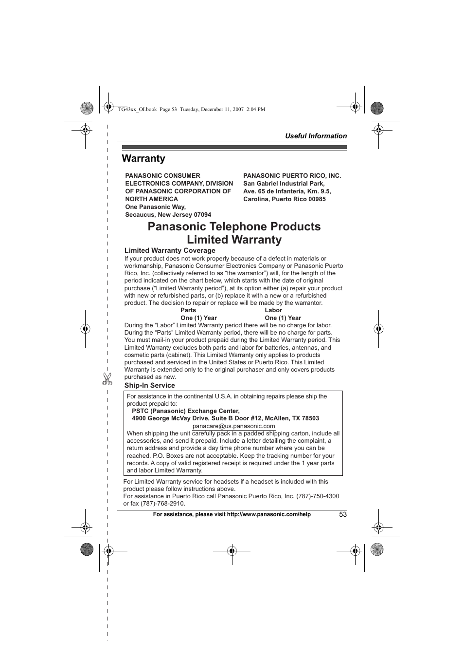 Warranty, Panasonic telephone products limited warranty | Panasonic KXTG4321 User Manual | Page 53 / 56