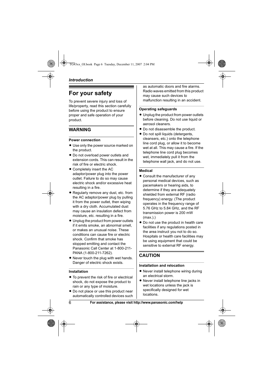 For your safety | Panasonic KXTG4321 User Manual | Page 6 / 56