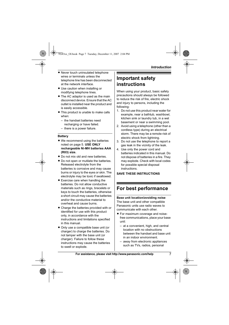 Important safety instructions, For best performance, Important safety instructions for best performance | Panasonic KXTG4321 User Manual | Page 7 / 56